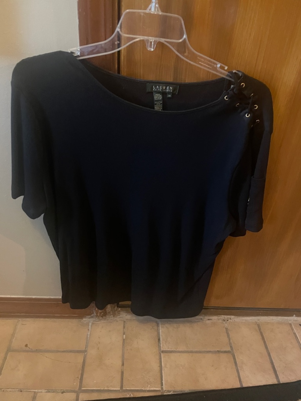 Lauren Ralph Lauren Black Short Sleeve Top with Eyelet Lace Detail